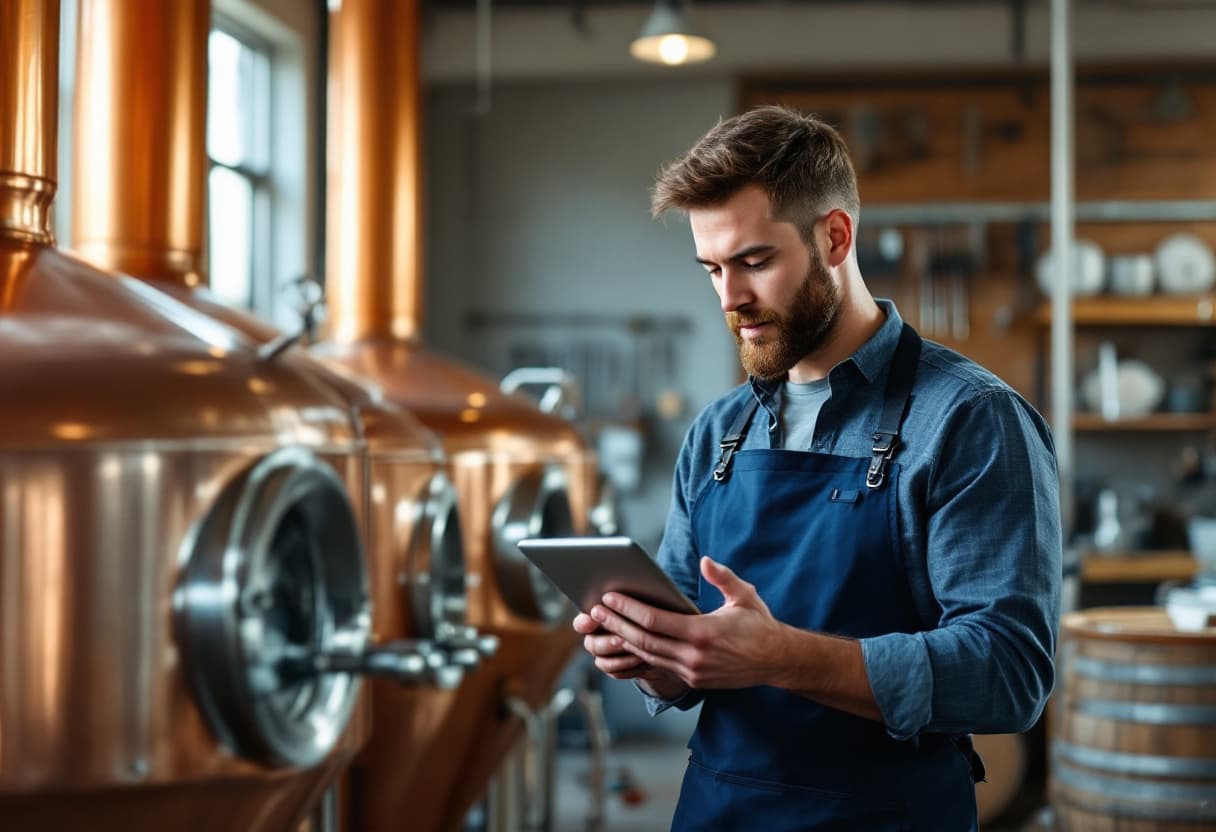 Brouwer bekijkt BrewerSync op een tablet naast koperen brouwketels